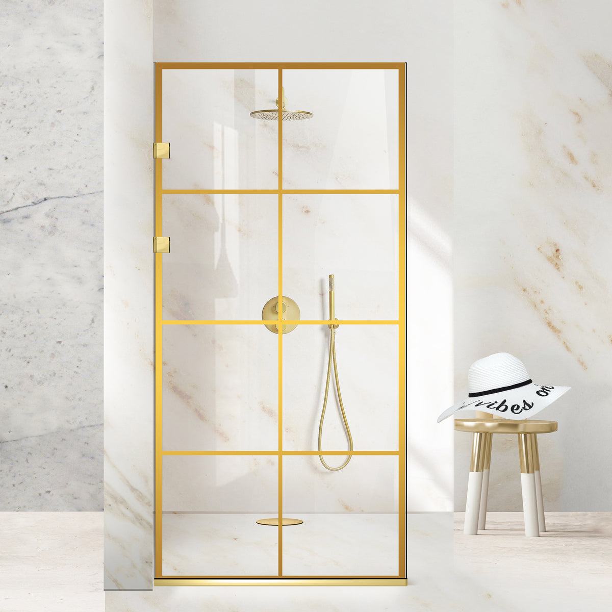 Paroi de douche walk-in Aqua Elegance ® Gold, modèle Mode doré, ferronnerie tout inox doré, verre clair, sécurisé