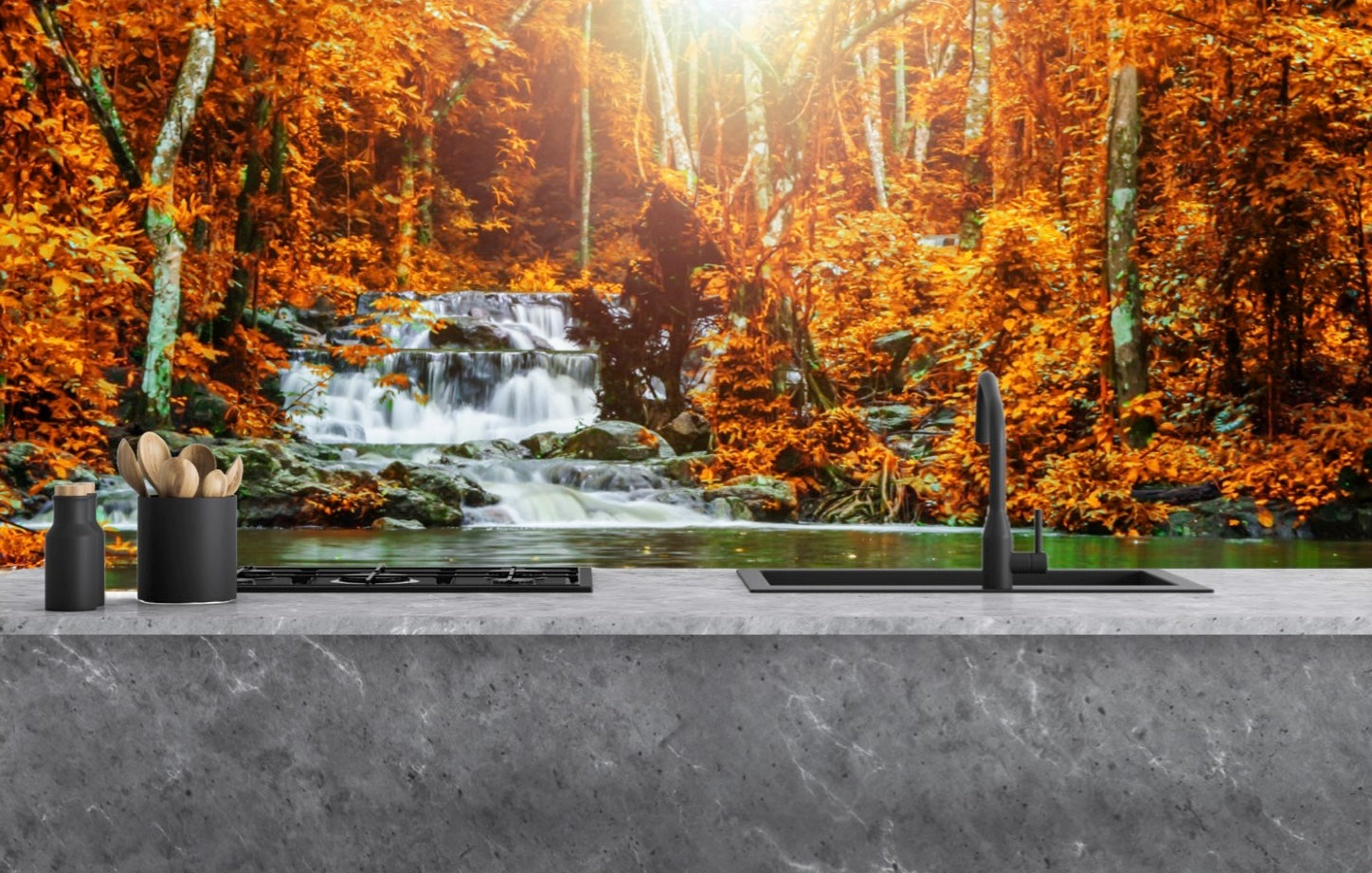 Printed glass kitchen splashback